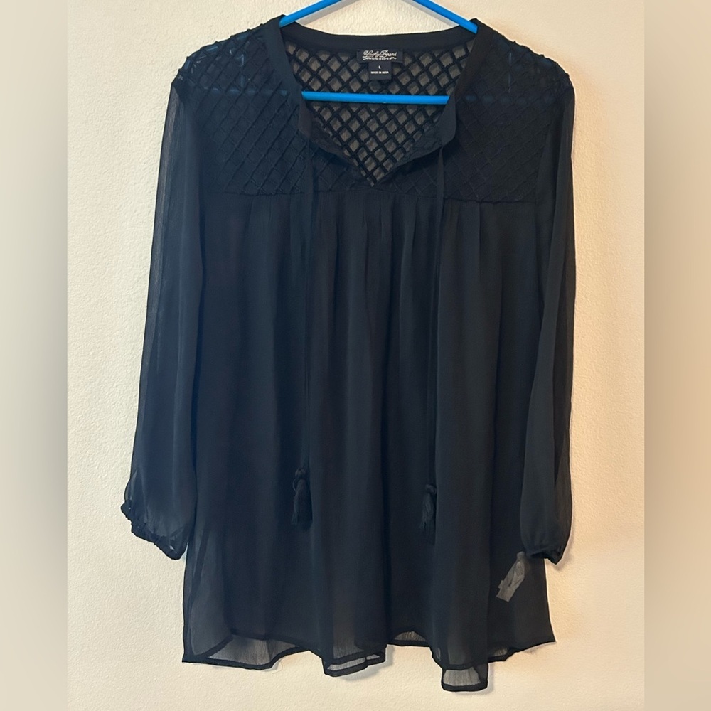 Lucky Brand Boho Style Flowy Sheer Blouse with Tassels - L